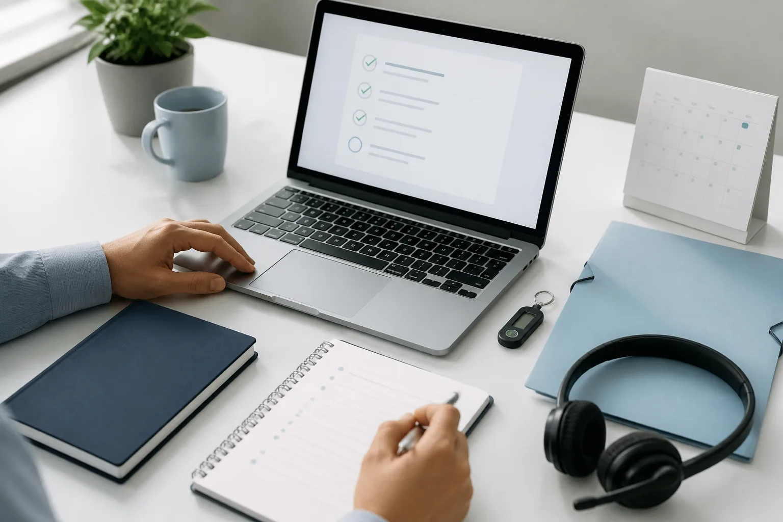 Laptop, checklist, headset, and work folders prepared for remote staff onboarding