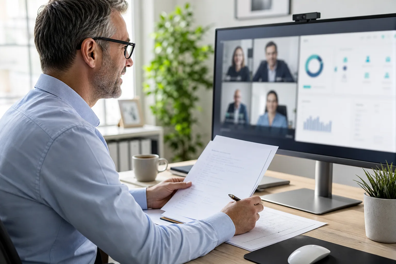 Manager reviewing notes during a remote team check in