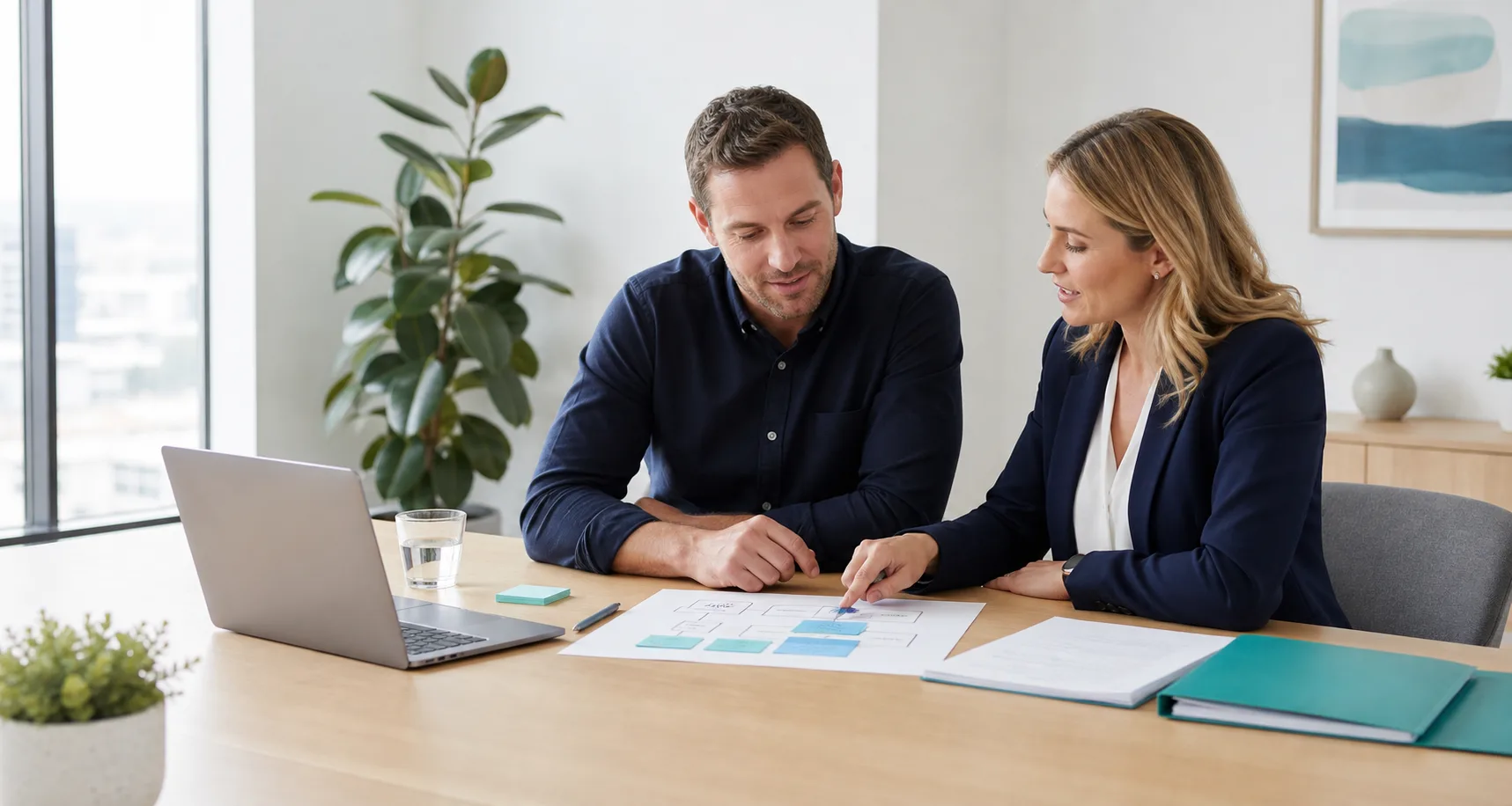 Consultant and business owner reviewing a role map in a bright office