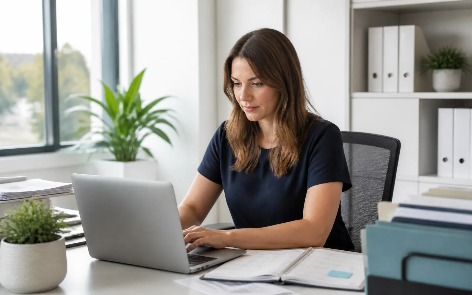 Administration support coordinator working at a bright office desk