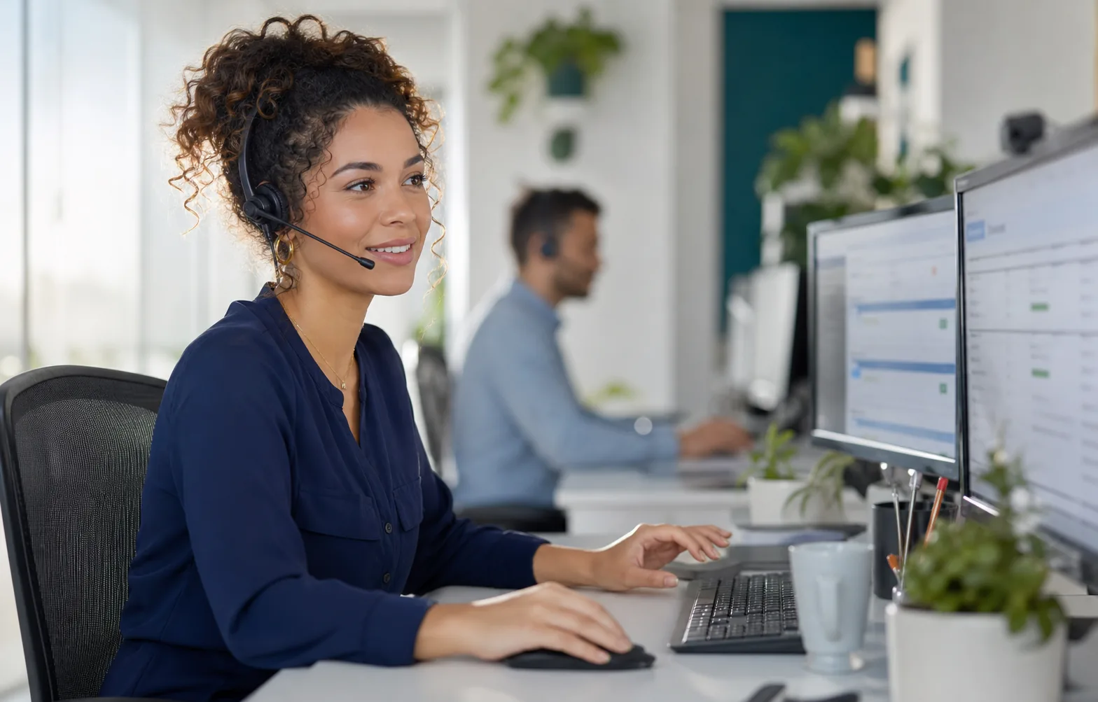 Customer support professional using a headset in a bright operations workspace