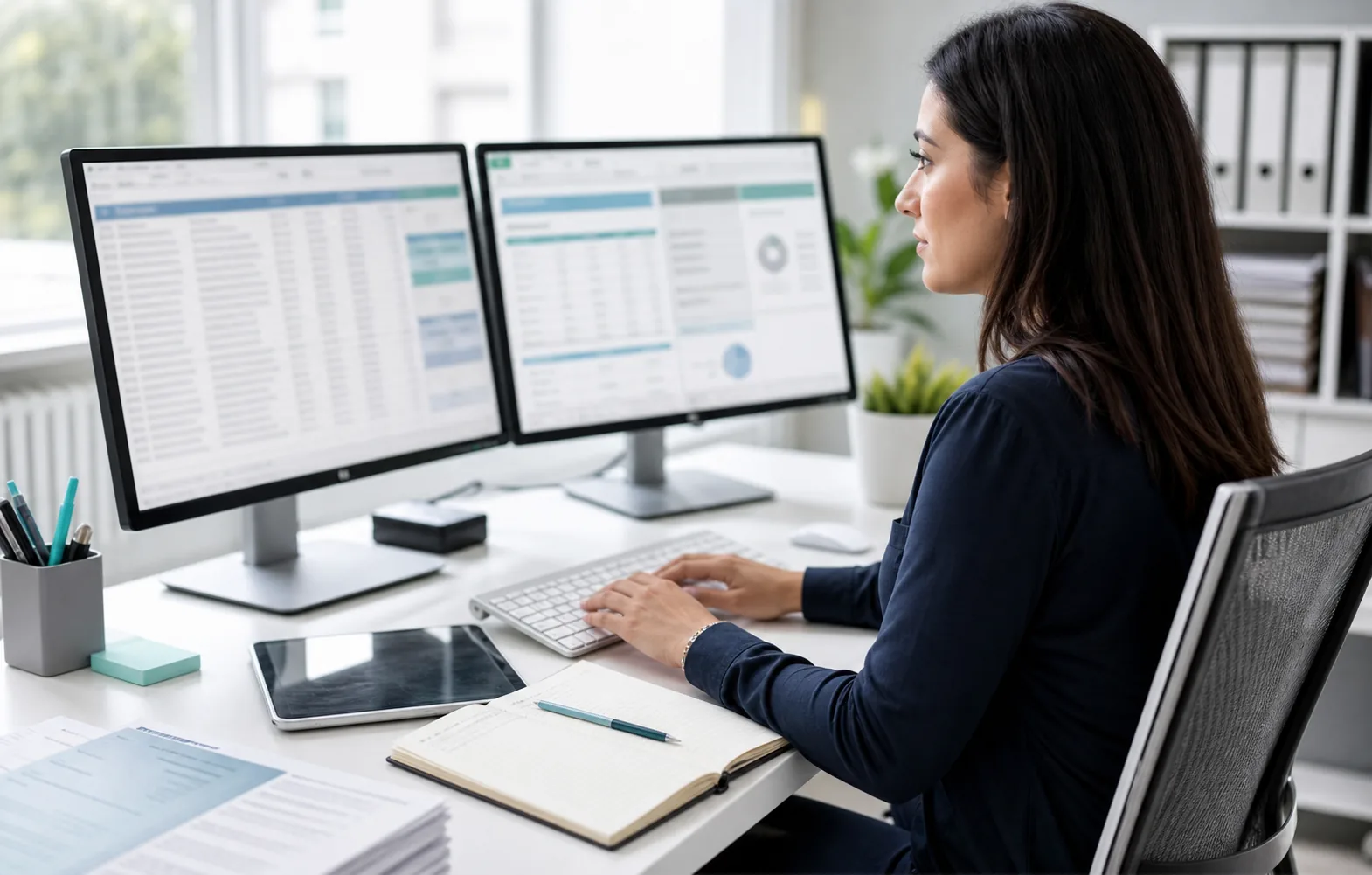 Data operations specialist working with two blurred spreadsheet dashboards