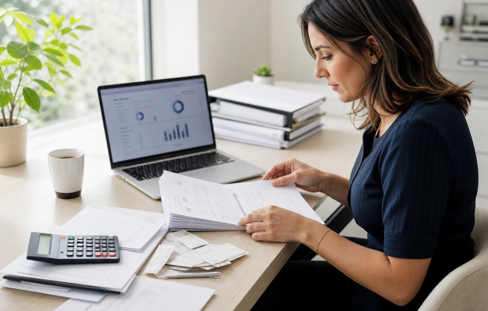 Finance support professional reviewing records beside a laptop and calculator