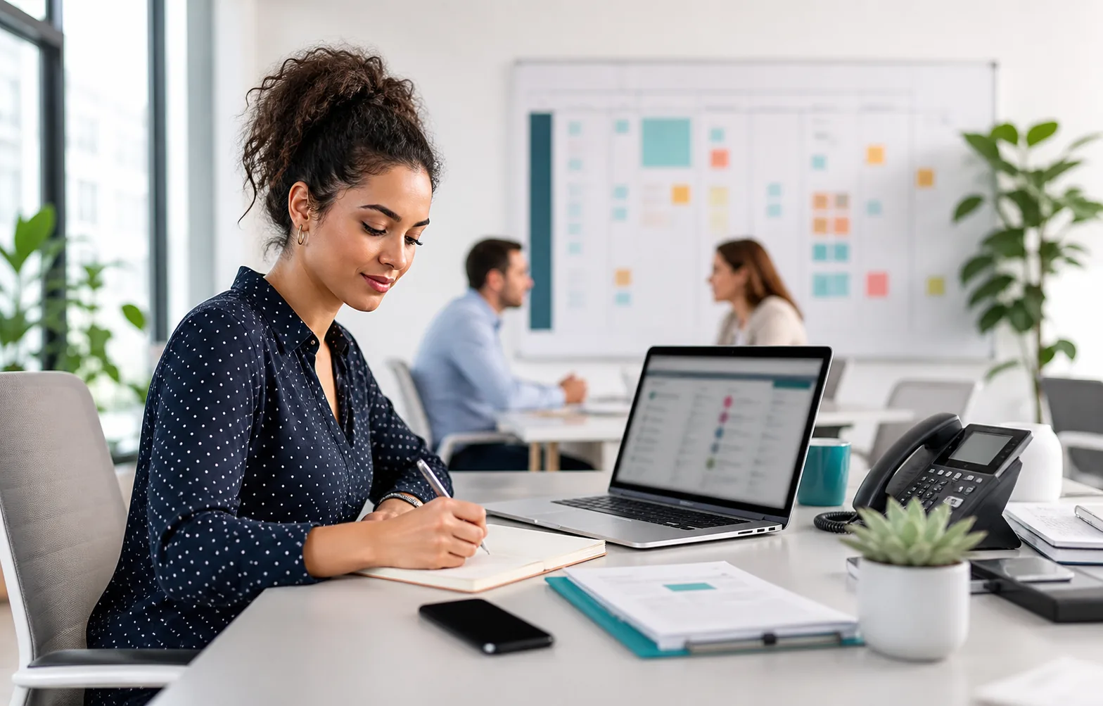 Sales support coordinator writing follow up notes beside a laptop and phone
