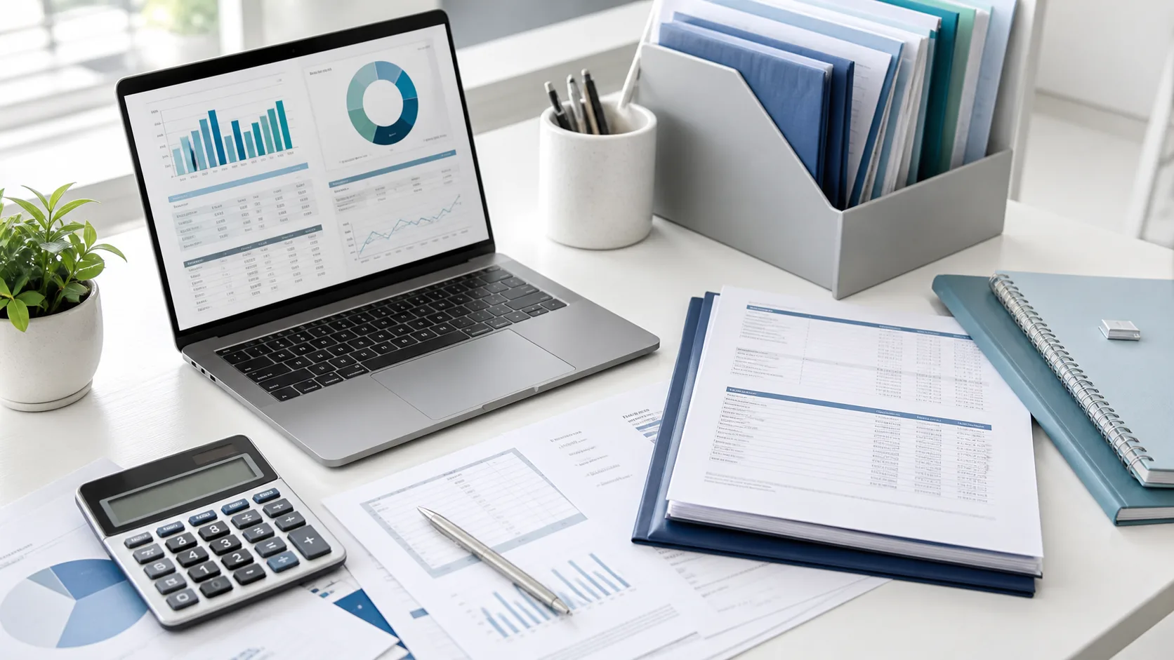 Finance documents, laptop dashboard, and calculator on a clean office desk