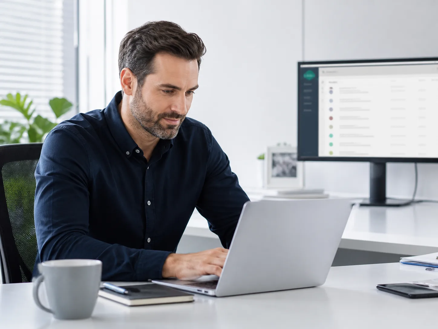 Local manager focused on client work while a task queue sits on a nearby screen