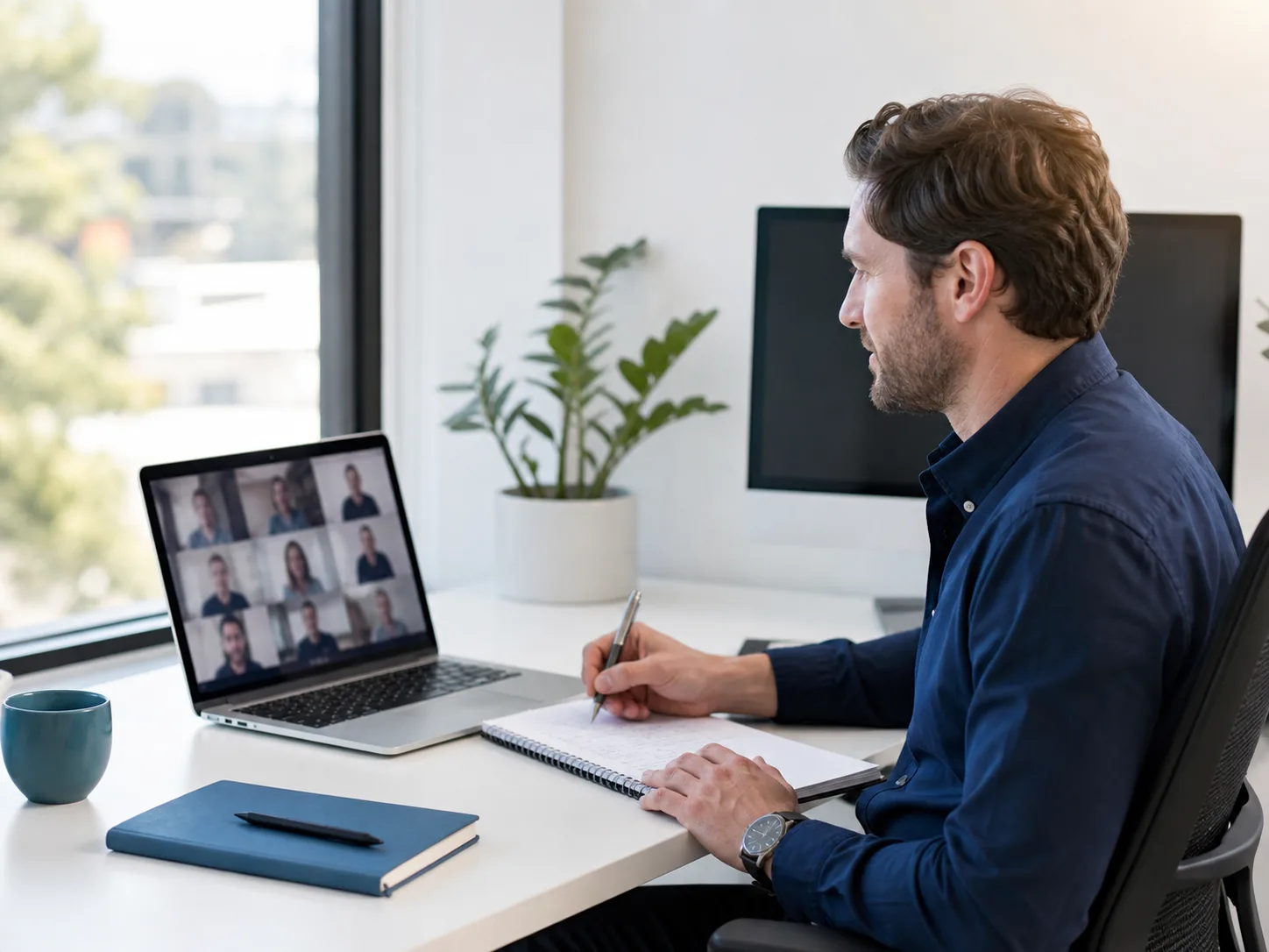 Manager taking notes during a remote team check in