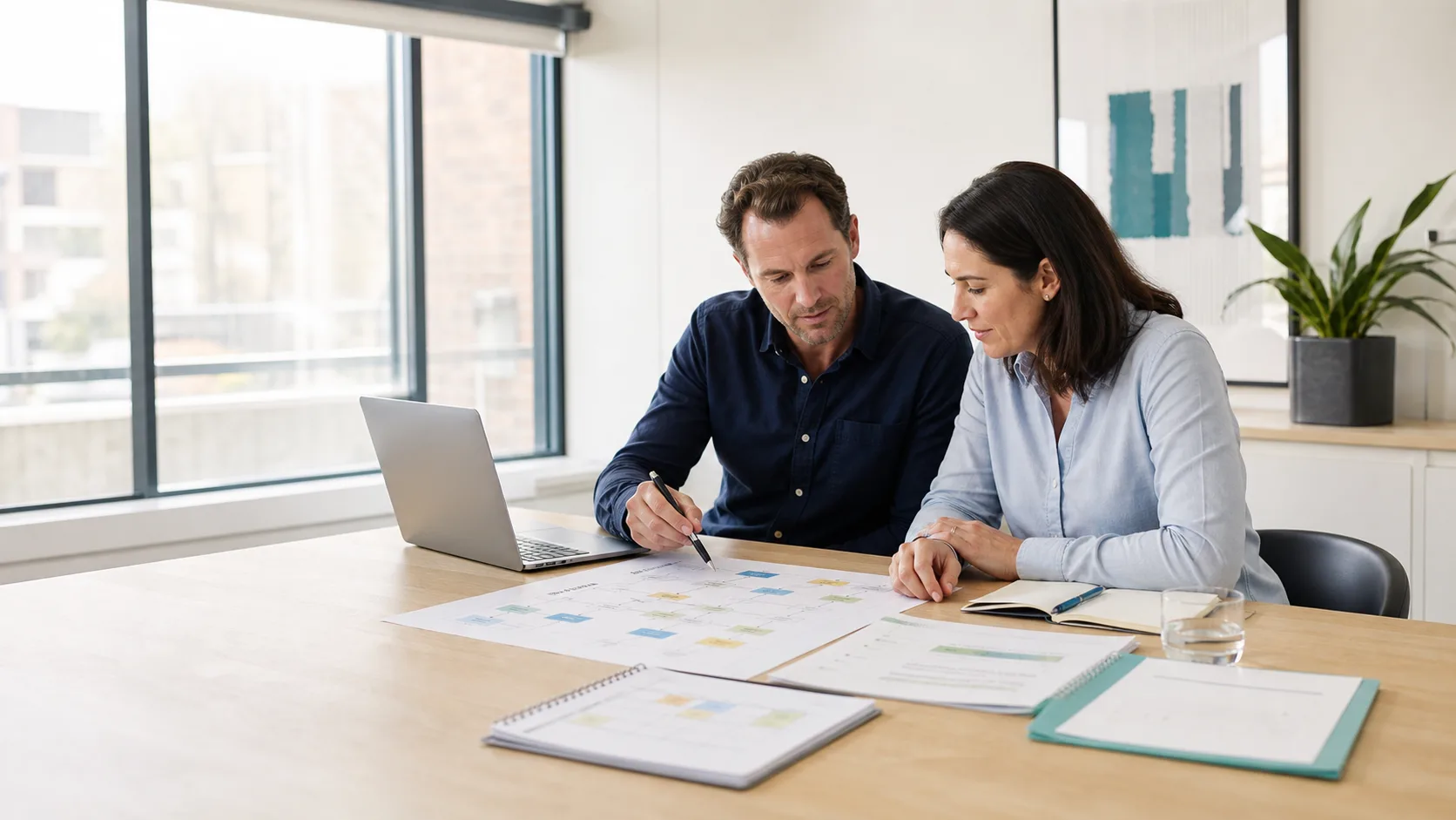 Business owners reviewing a workload plan in a bright office